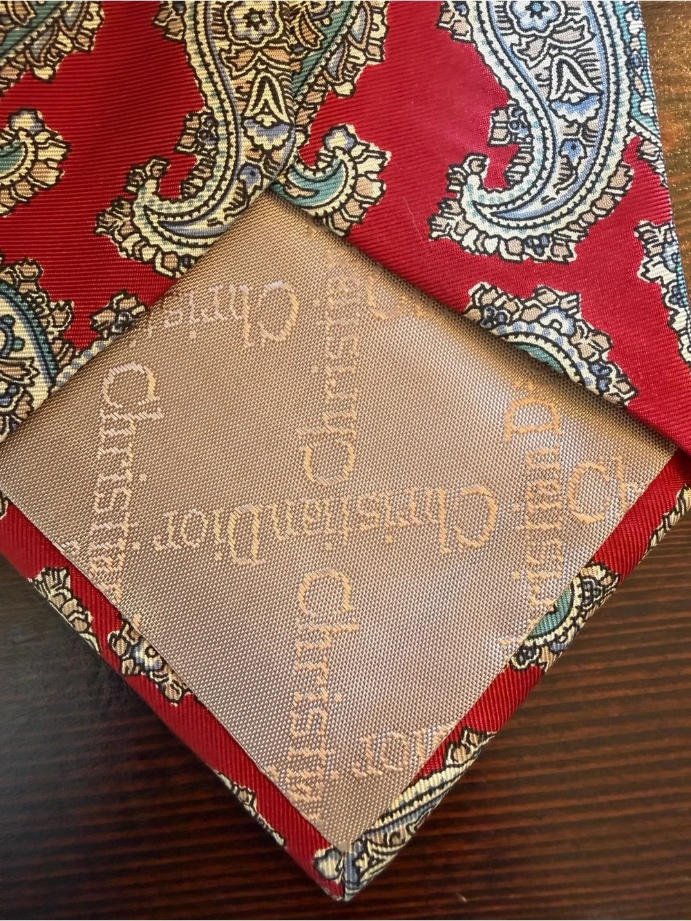 Vintage Dior Monsieur Red Paisley Silk Tie with Cream and Light Blue Accents